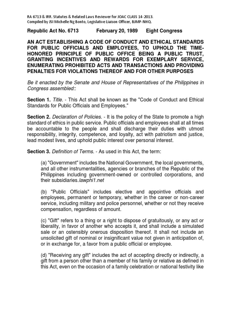 RA 6713: Code of Ethics Overview | PDF | Discovery (Law) | Employment