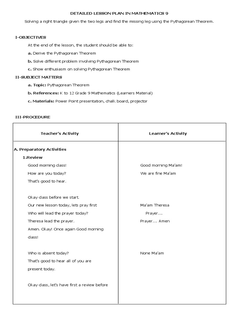 Grade 9 Lesson Plan: Pythagorean Theorem | PDF | Geometry | Triangle ...