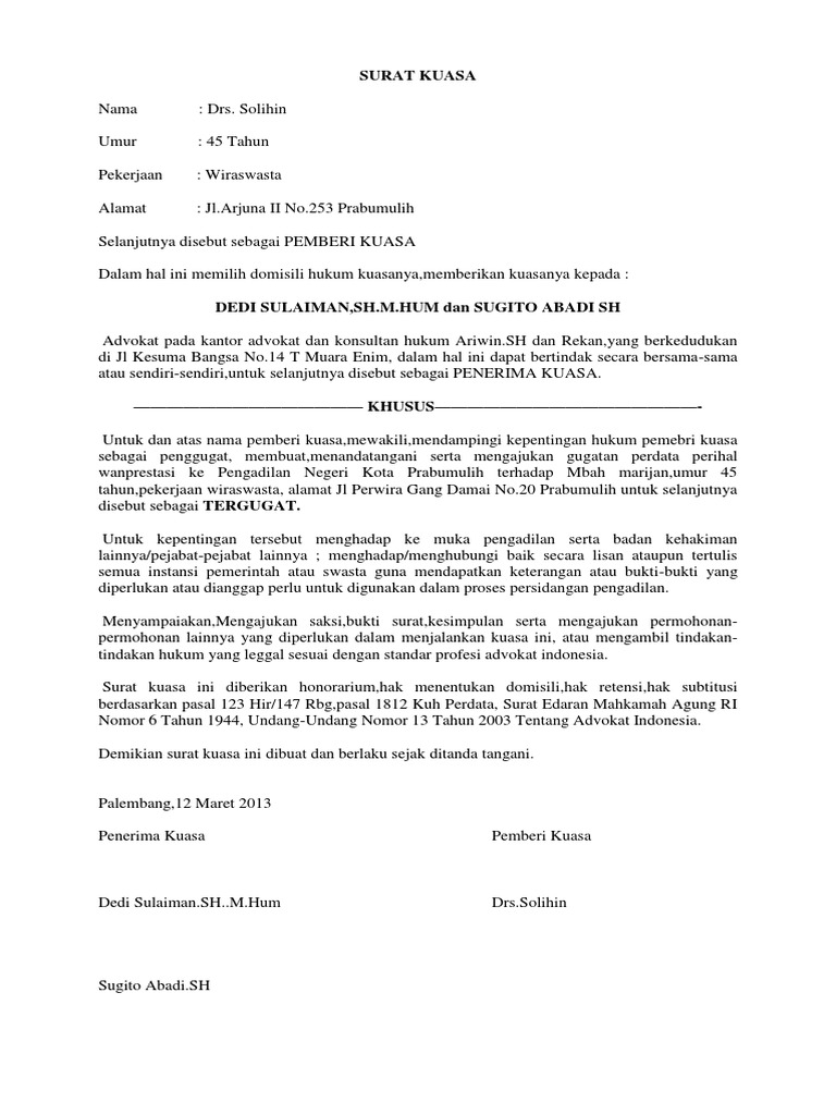 Surat Kuasa Dan Gugatan Wanprestasi | PDF