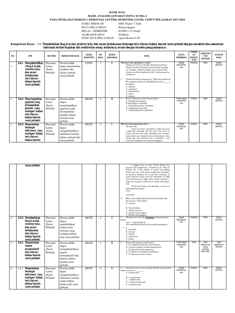 Bank Soal PH 1 (Personal Letter)