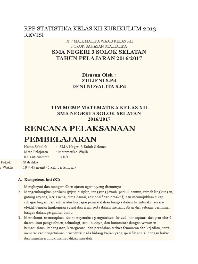 Rpp Statistika Kelas Xii Kurikulum 2013 Revisi