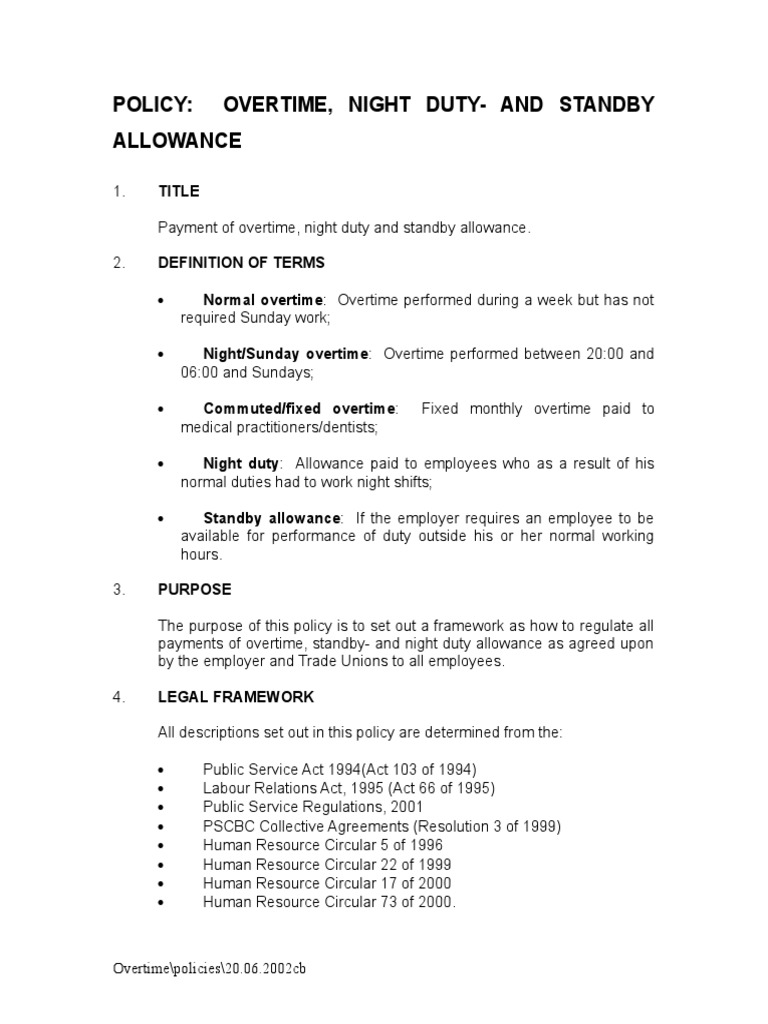 Overtime policy Overtime Working Time