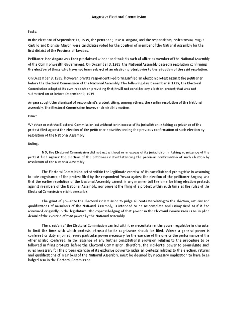 Angara vs Electoral Commission Case Summary | PDF | Elections | Common Law