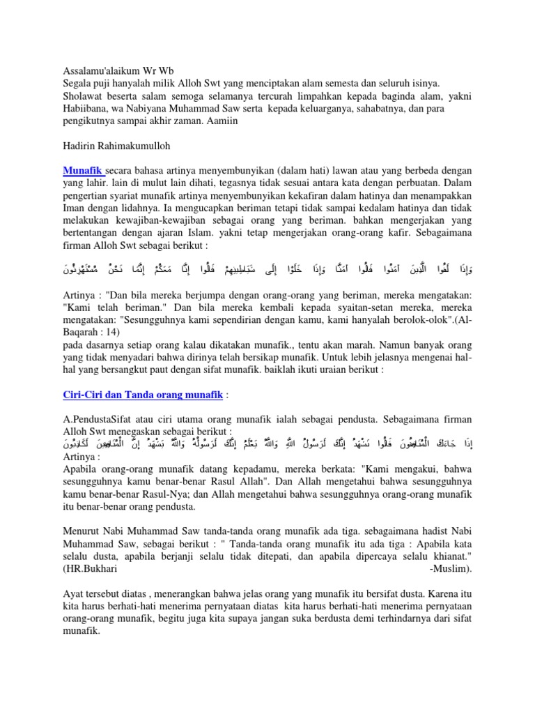Pidato Tentang Ciri Ciri Orang Munafik Bersama