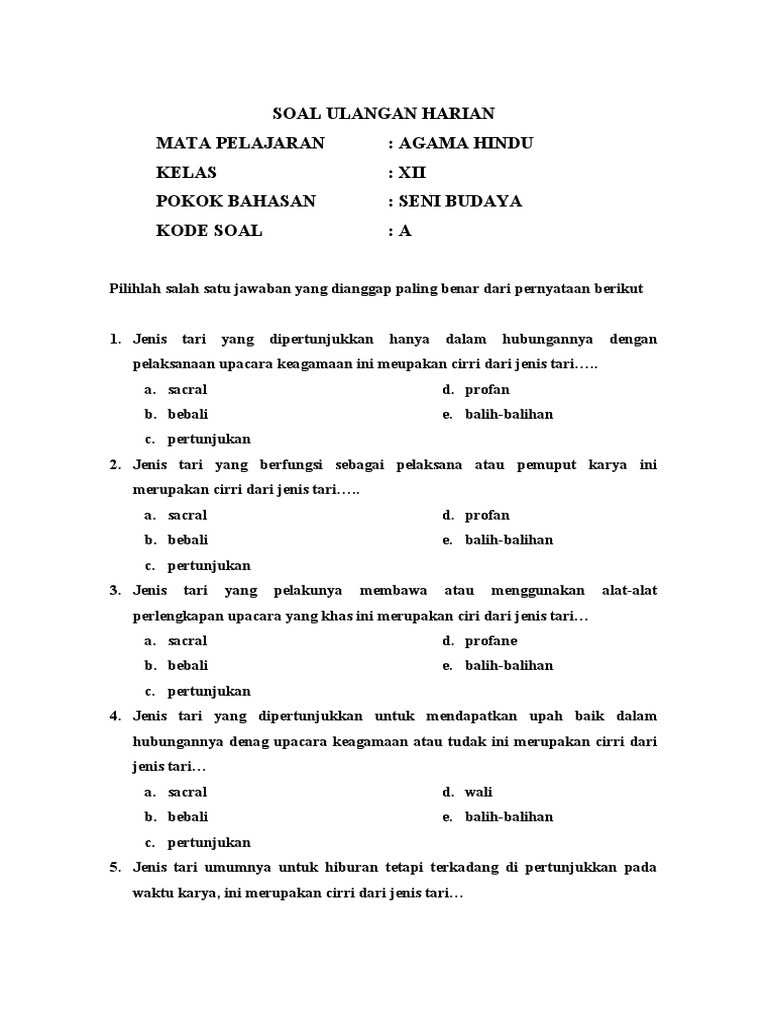 Soal Ulangan Harian Agama Seni Budaya
