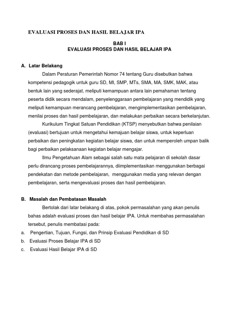 Evaluasi Proses Dan Hasil Belajar Ipa