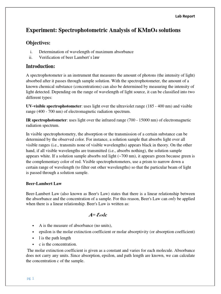 Spectrophotometric Analysis of KMnO4 Solutions PDF