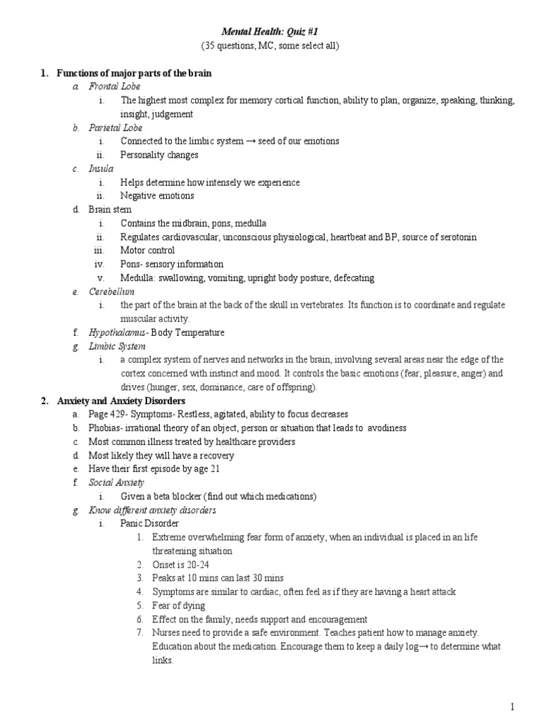 Mental Health Quiz 1 PDF Anxiety Disorder Psychological Trauma