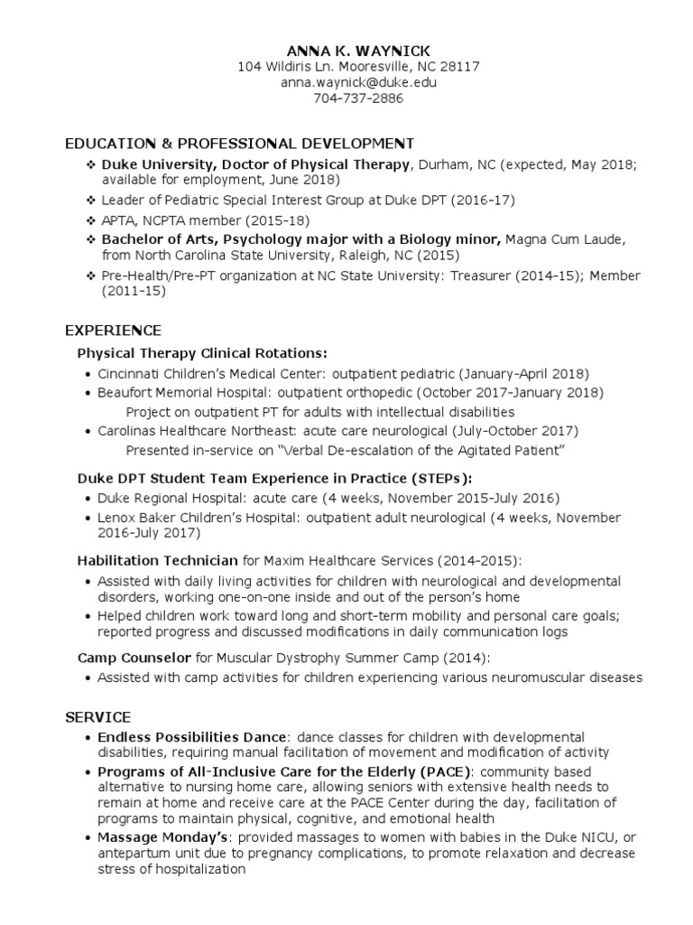 Anna Waynick: DPT Resume & Experience | PDF | Physical Therapy | Neurology