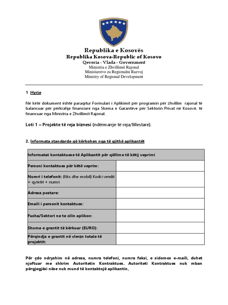 Formulari I Aplikimit - Lot 1 Shtojca A 1 (MZHR 2018) | PDF