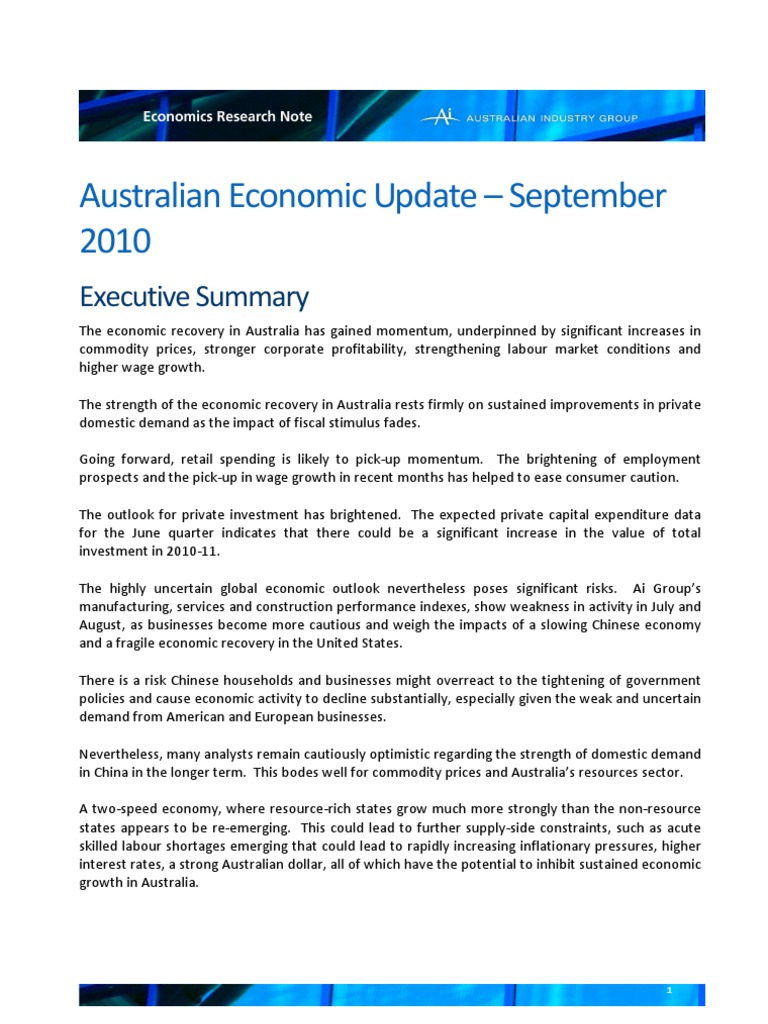 Australian Economic Update September 2010 | PDF | Economy Of China ...