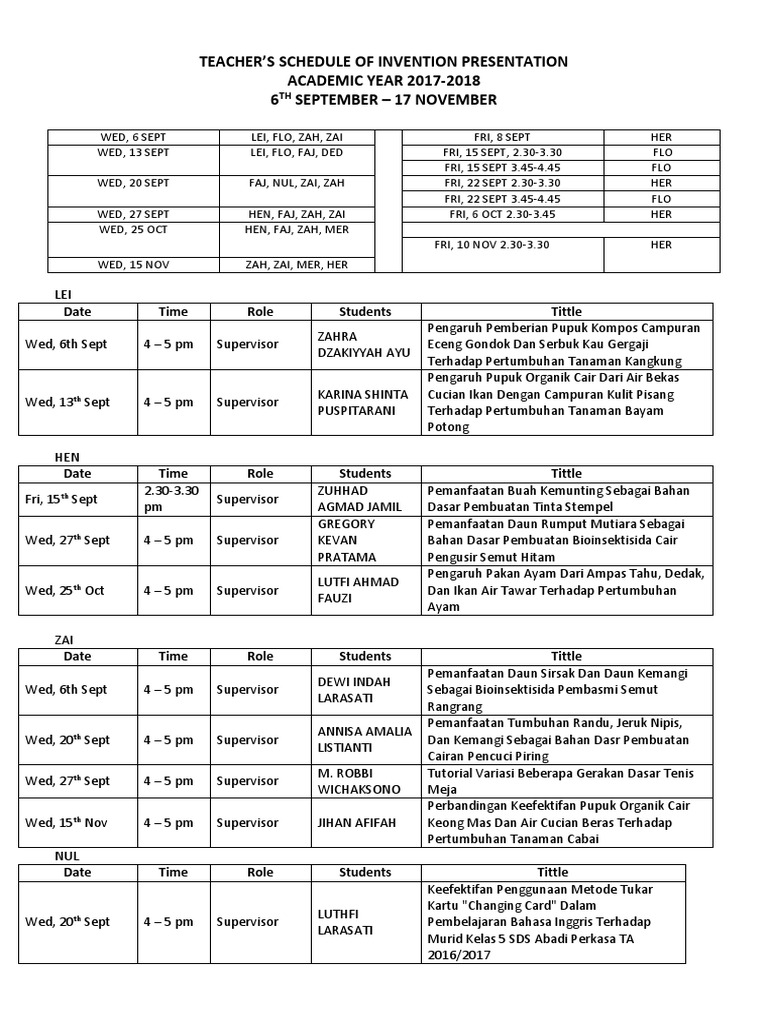 Teacher's Invention Schedule | PDF