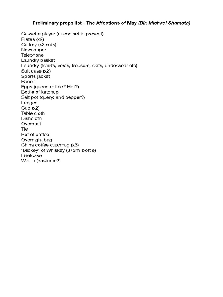 Props List for The Affections of May | PDF