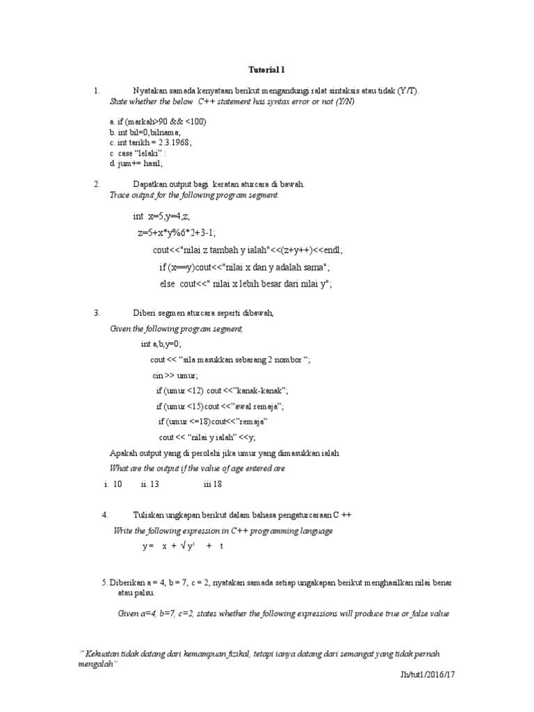 PENYELESAIAN SOALAN TUTORIAL 1 BAHASA PENGATURCARAAN C++ | PDF