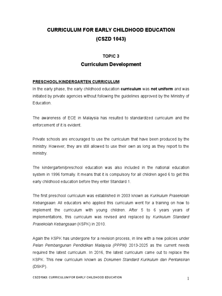 Early Childhood Curriculum in Malaysia | PDF | Early Childhood ...