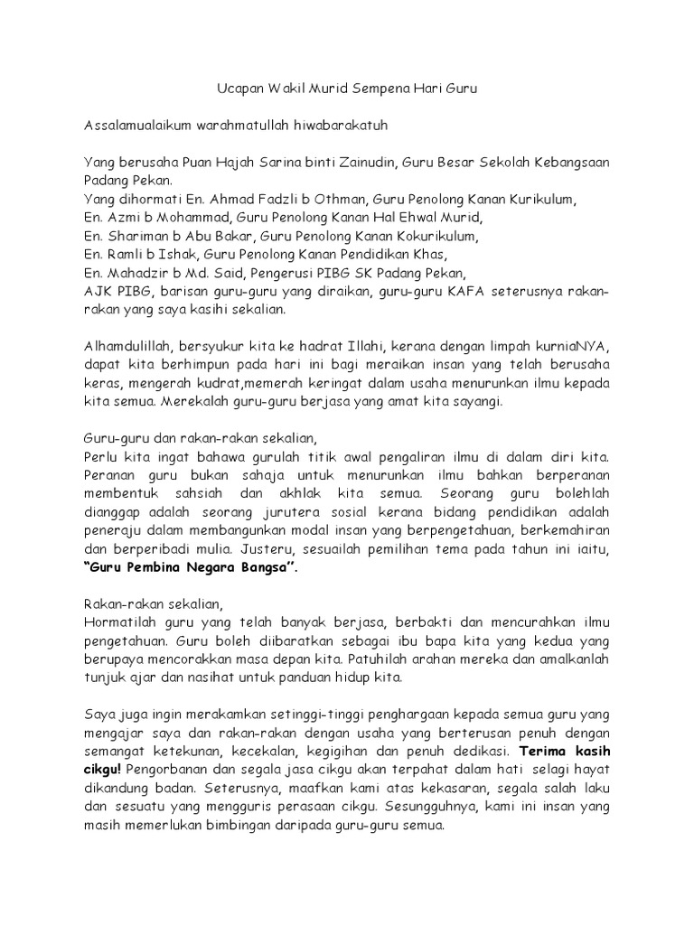 Ucapan Wakil Murid Sempena Hari Guru Pdf