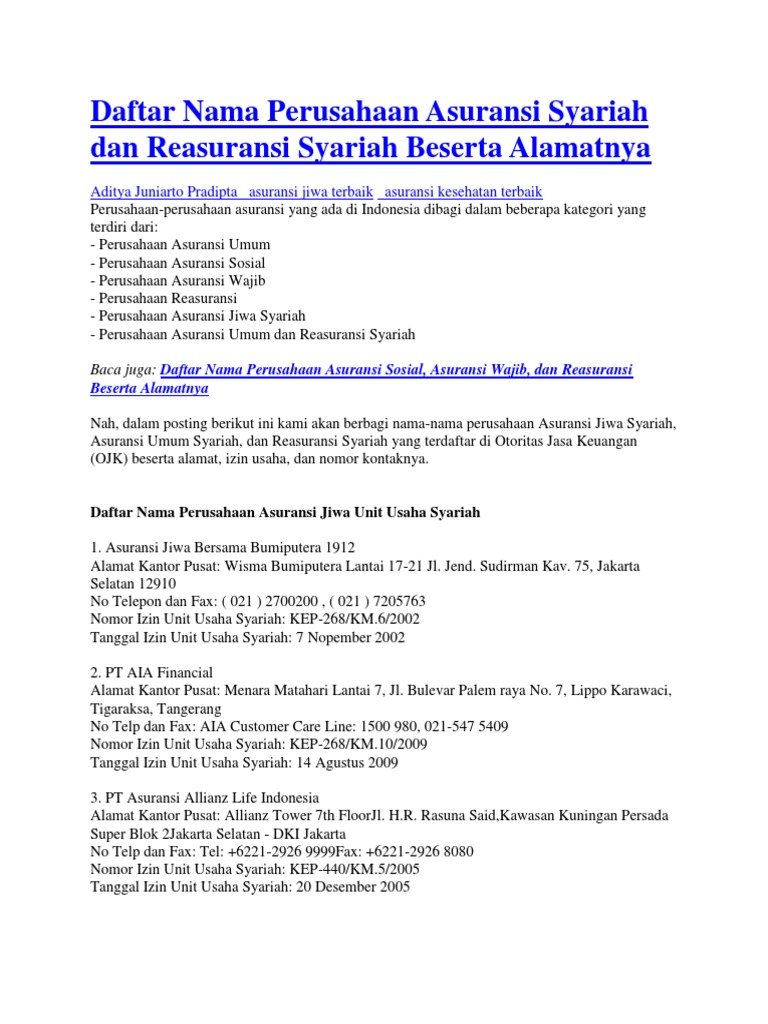 Daftar Nama Perusahaan Asuransi Syariah Dan Reasuransi Syariah Beserta Alamatnya