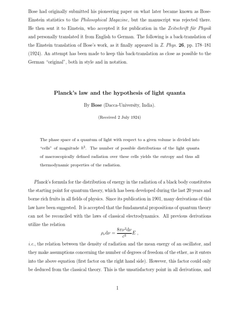 Planck's Law and The Hypothesis of Light Quanta PDF Quantum Photon