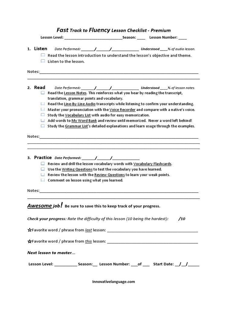 Fluency Lesson Checklist Template | PDF | Career & Growth
