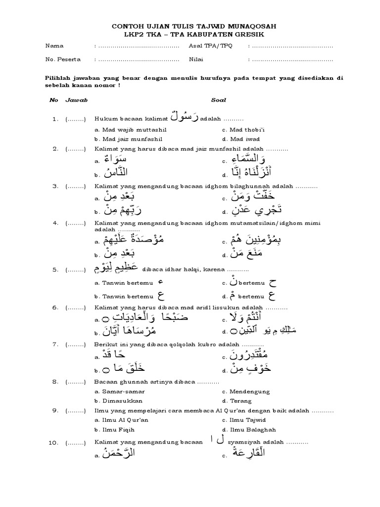 Contoh Soal Tajwid Munaqosah