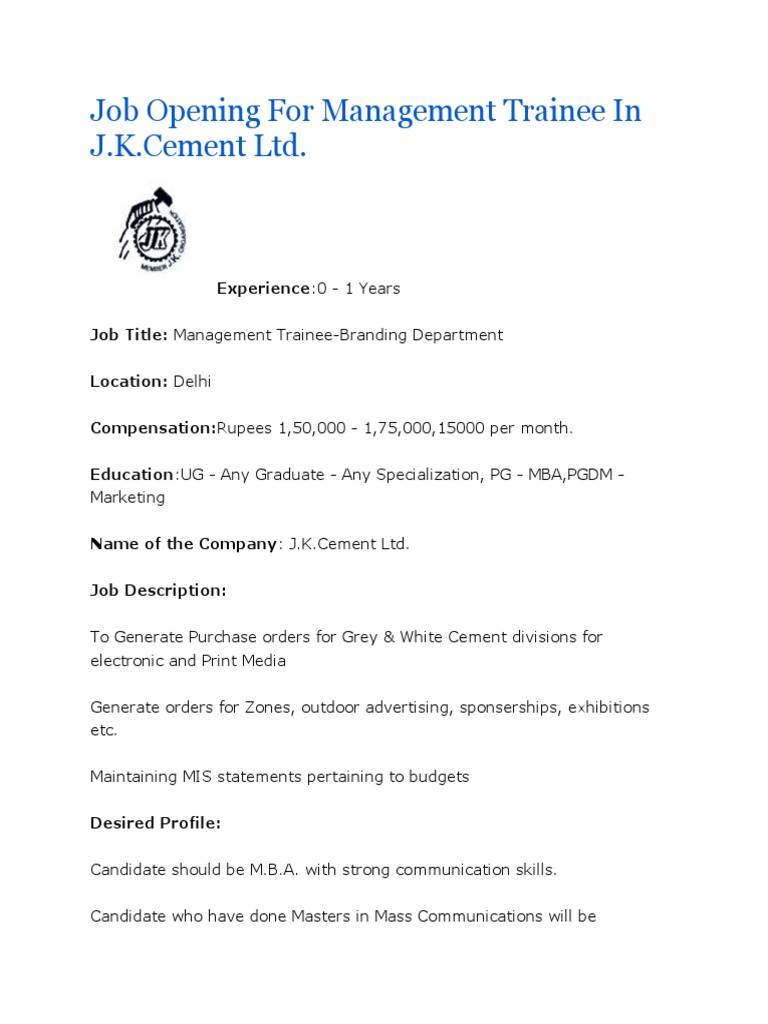 Job Opening For Management Trainee in J K Cement PDF Master Of