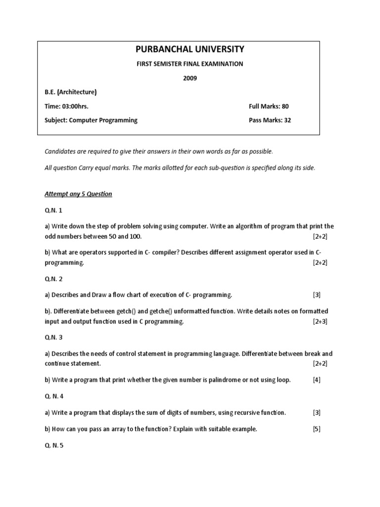 Computer Programming Exam Questions 2009 | PDF | Computer Programming ...