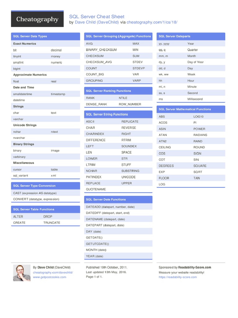 SQL Server Cheat Sheet | PDF