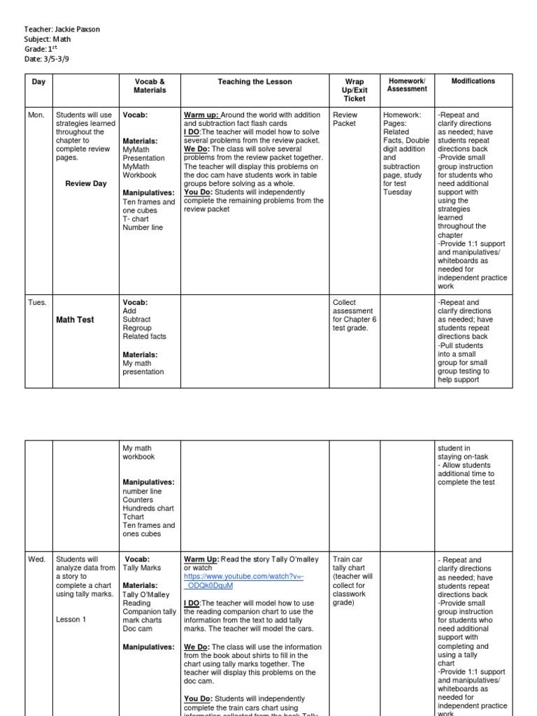 Teacher: Jackie Paxson Subject: Math Grade: 1 Date: 3/5-3/9 | PDF ...