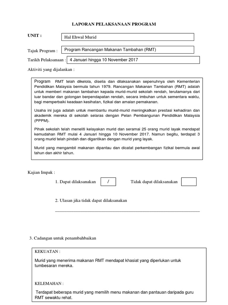 Laporan Program RMT Sekolah 2017 | PDF