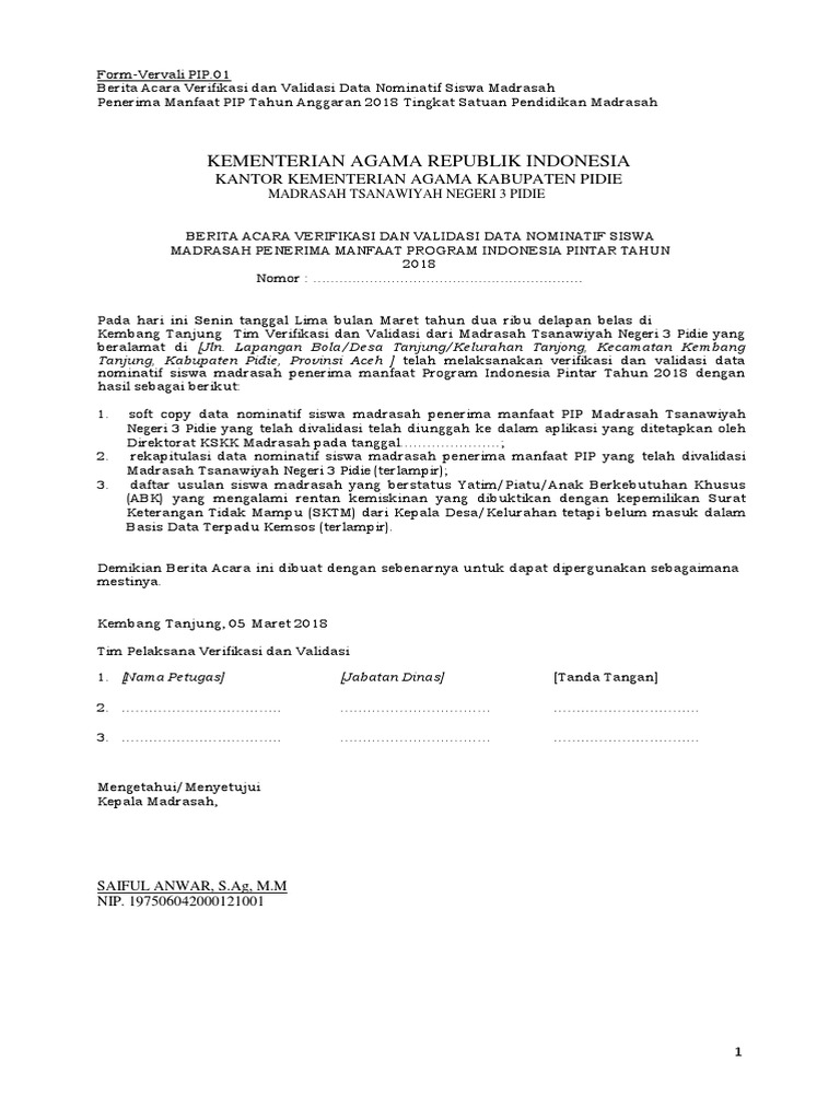 Form Verifikasi Dan Validasi Calon Penerima PIP 2018 | PDF