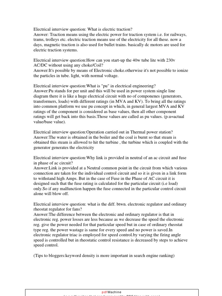Electrical Interview Questions PDF Electric Generator Transformer
