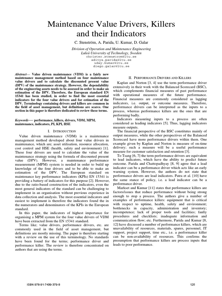 Maintenance Value Drivers and Killers | PDF | Performance Indicator ...