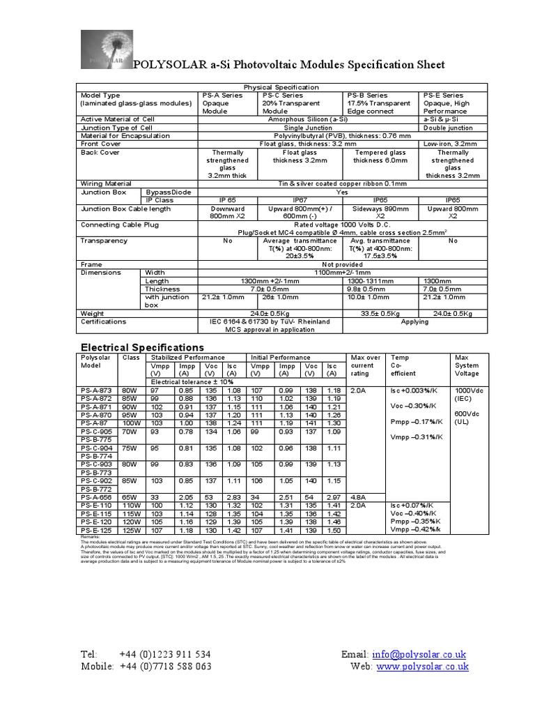 Polysolar Technical Data Sheet 9-2010 | PDF | Photovoltaics | Solar Panel