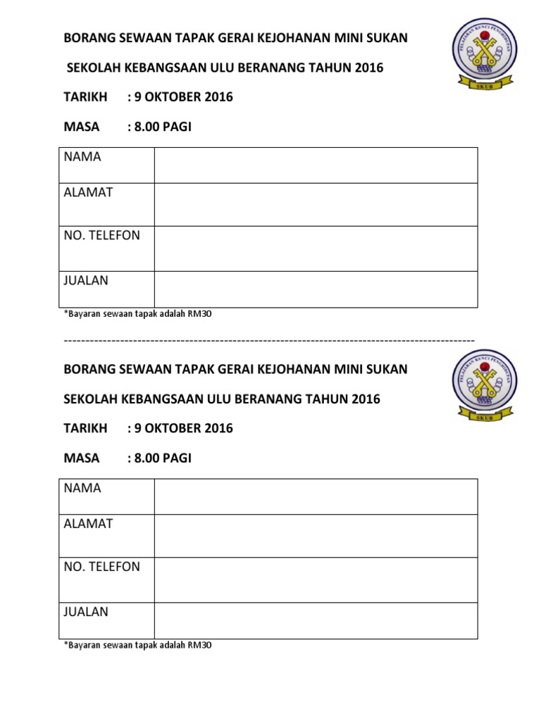 Contoh Borang Jualan Kokurikulum
