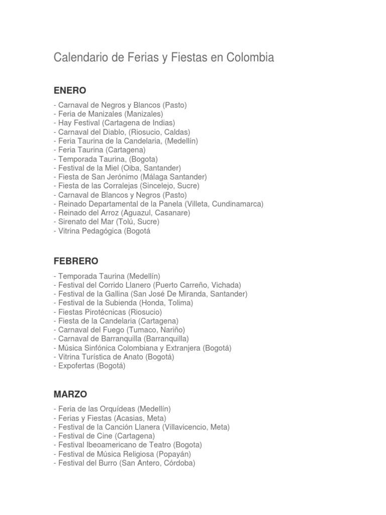 Calendario De Ferias Y Fiestas En Colombia Pdf Colombia Eventos