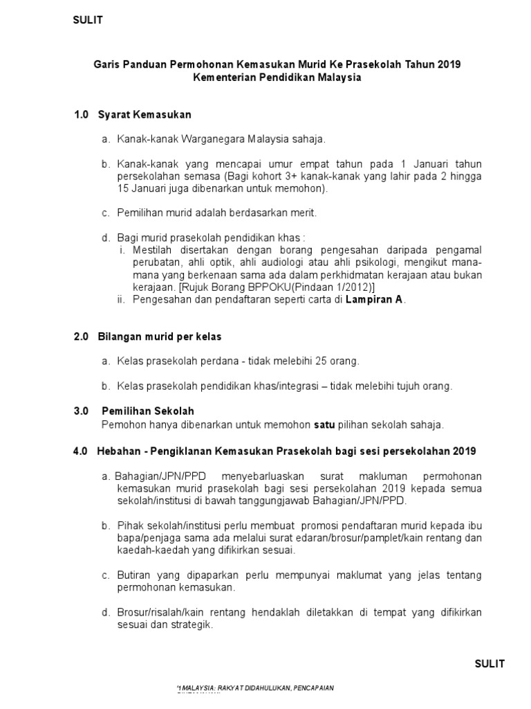 Garis Panduan Kemasukan Prasekolah Kpm 2019 Pdf