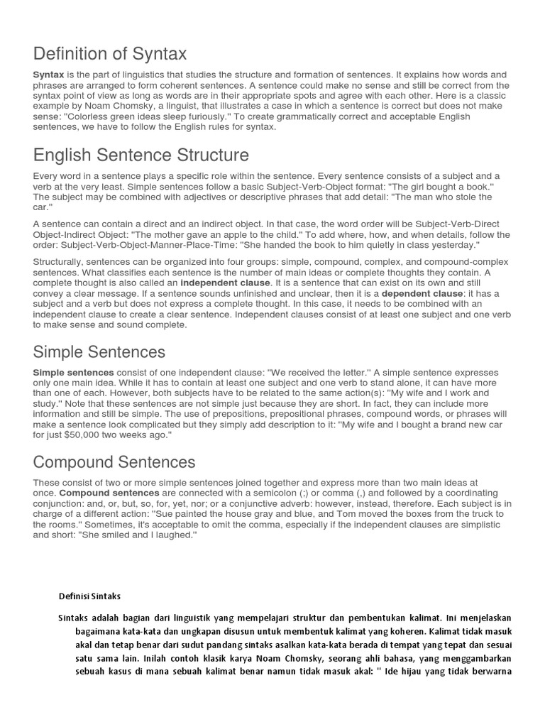 Definition of Syntax | Syntax | Sentence (Linguistics)