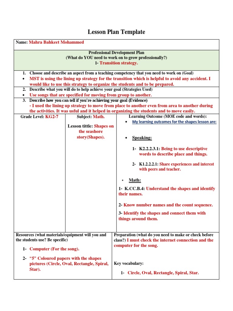 lesson plan shapes story  Reinforcement  Lesson Plan
