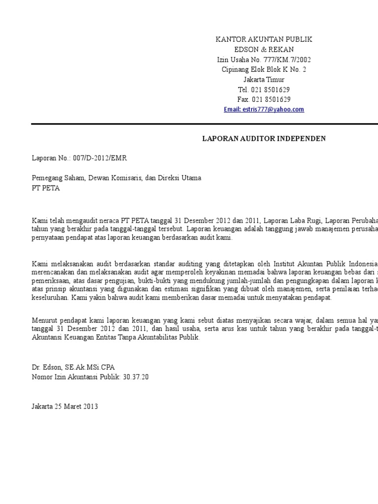 Laporan Auditor Independen Tidak Wajar 2013 Bagikan Contoh