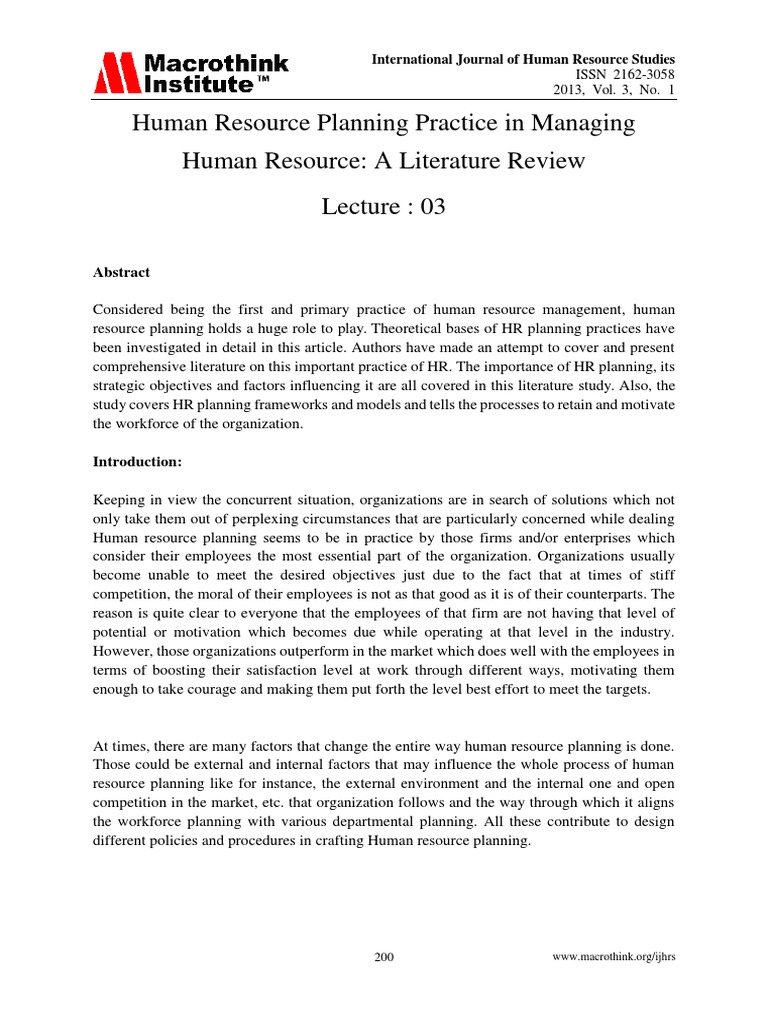 Human Resource Planning: A Literature Review | PDF | Human Resource ...