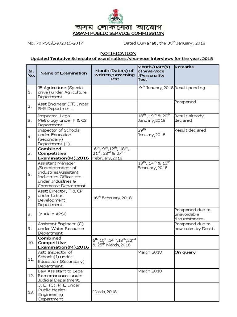 APSC Exam Calendar Download Free PDF Government