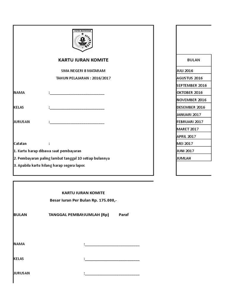 Contoh Kartu Iuran Sekolah Dasar