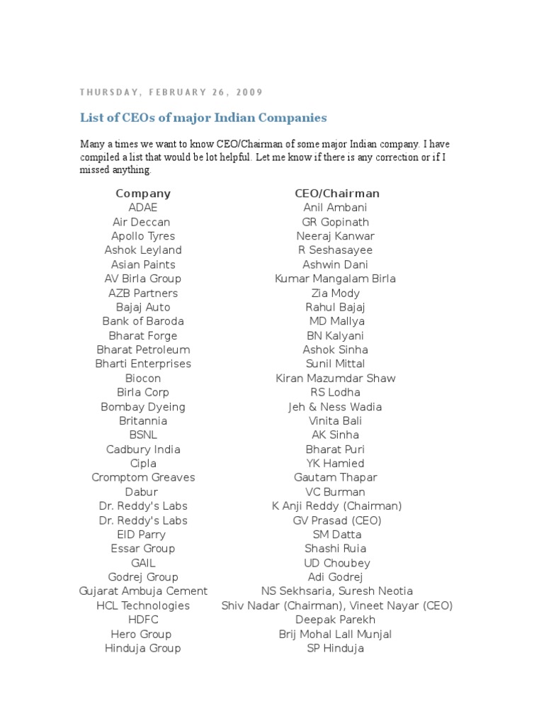 List Ceos Directors Contact Details Xls Download List Indian Ceos | PDF