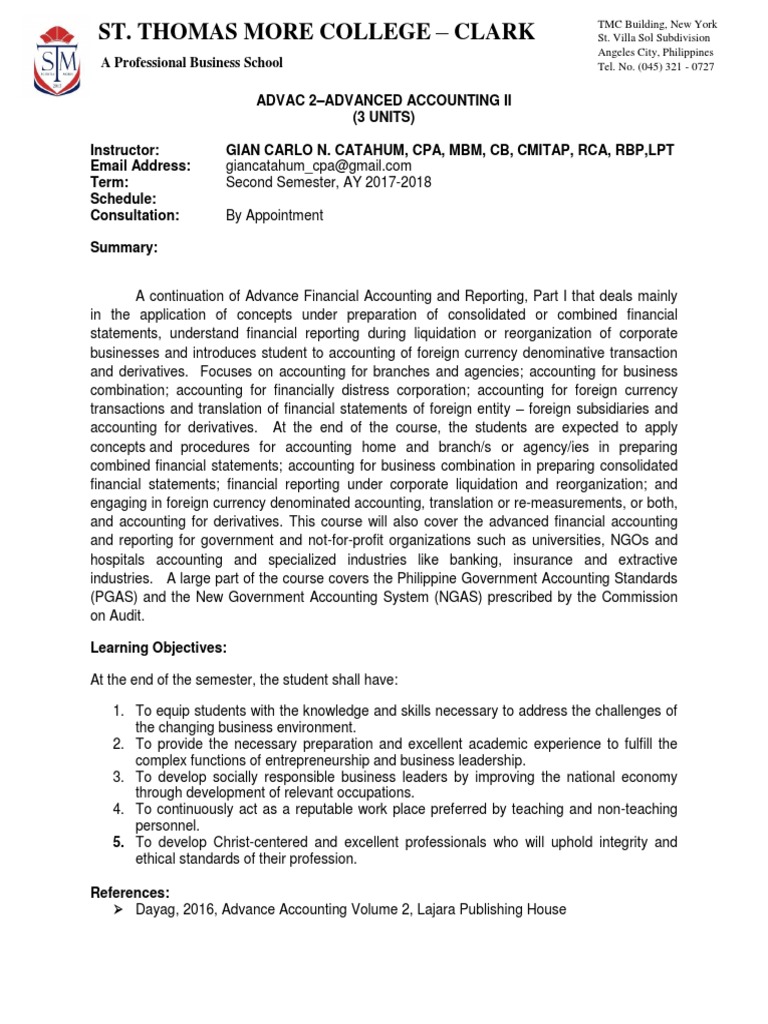 Advac 2 STMC Course Outline | PDF | Financial Statement | Accounting