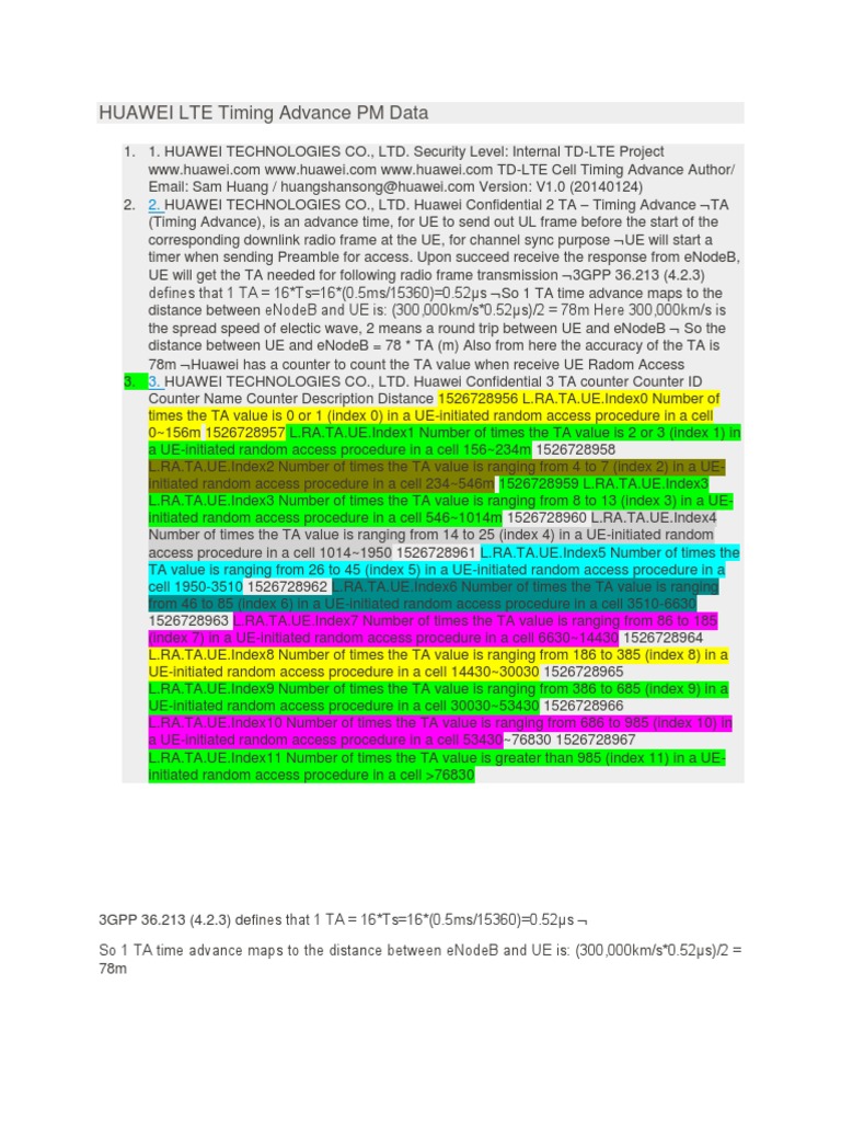 Huawei LTE Timing Advance PM Data Explained TA Counter Ranges and
