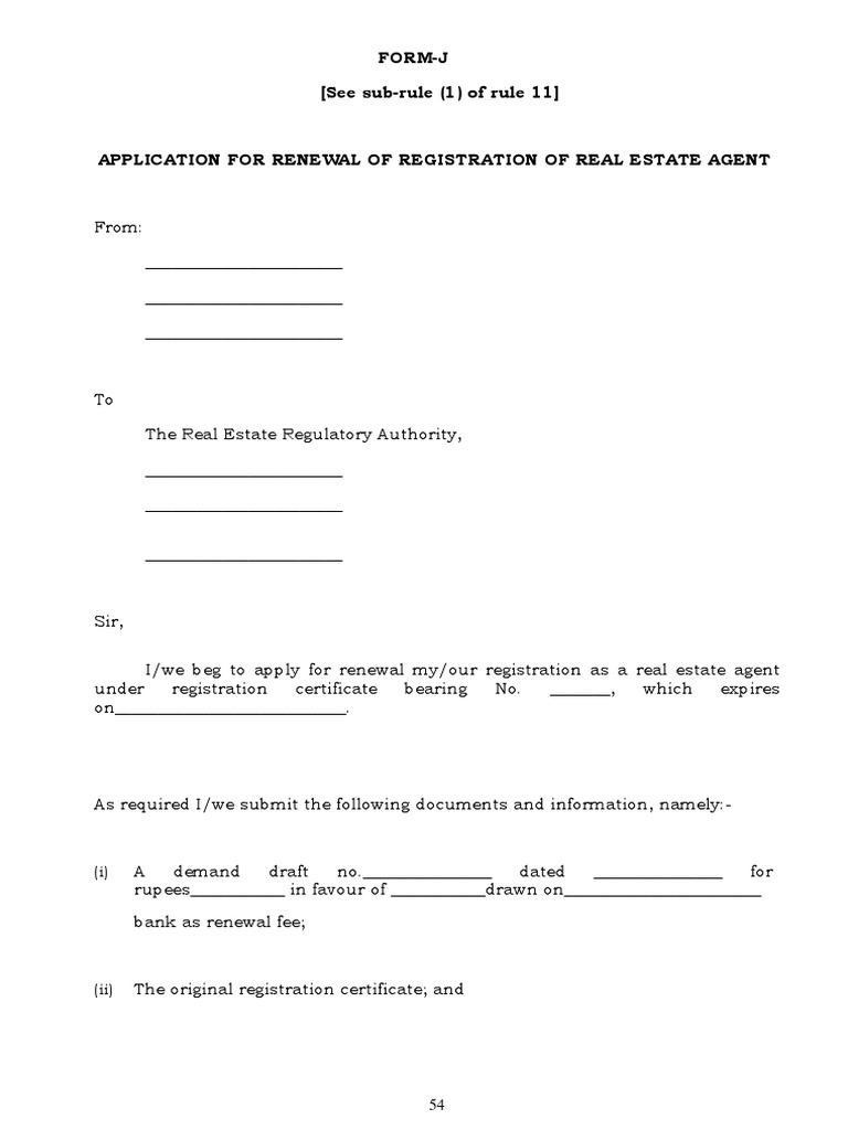 Application For Renewal of Registration of Real Estate Agent Form J