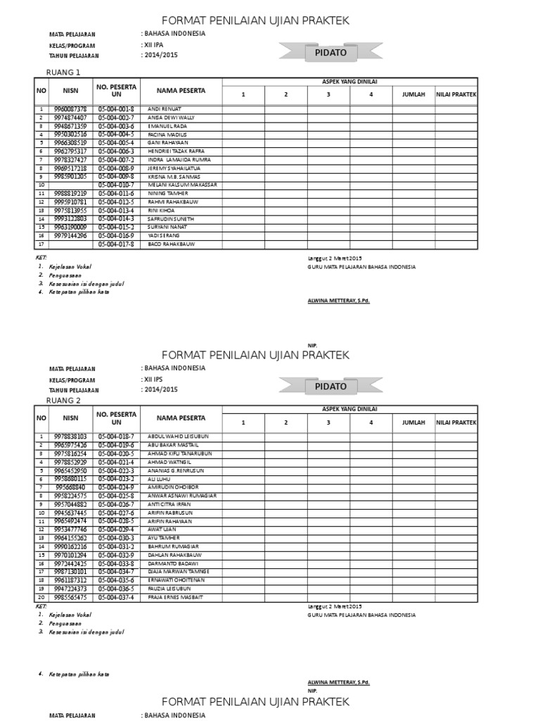 Format Penilaian Ujian Praktek Pidato - Guru Paud