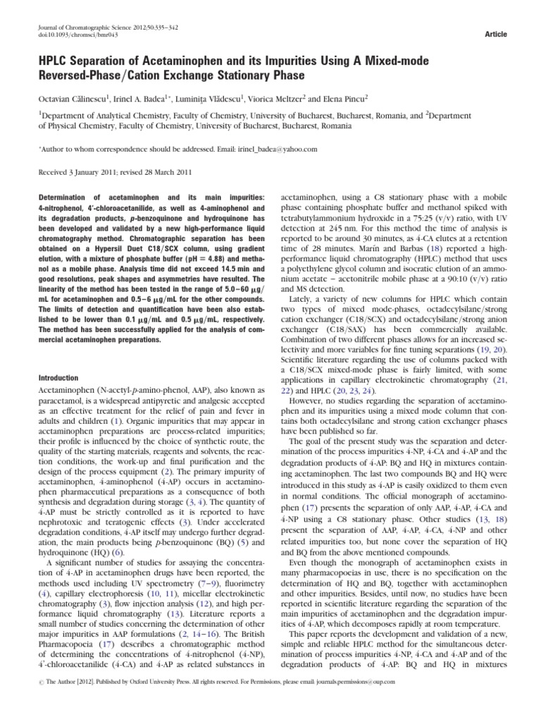 HPLC Separation of Acetaminophen and Its Impurities PDF PDF High