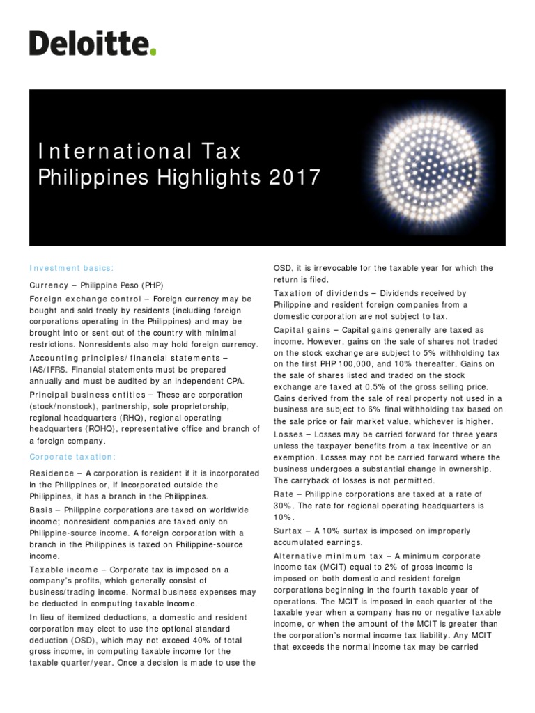 Philippines Corporate Tax Overview 2017 | PDF | Capital Gains Tax | Taxes