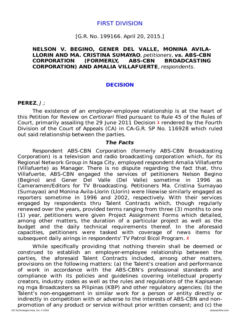 1710292015Begino v. ABSCBN Corp. PDF Employment Independent